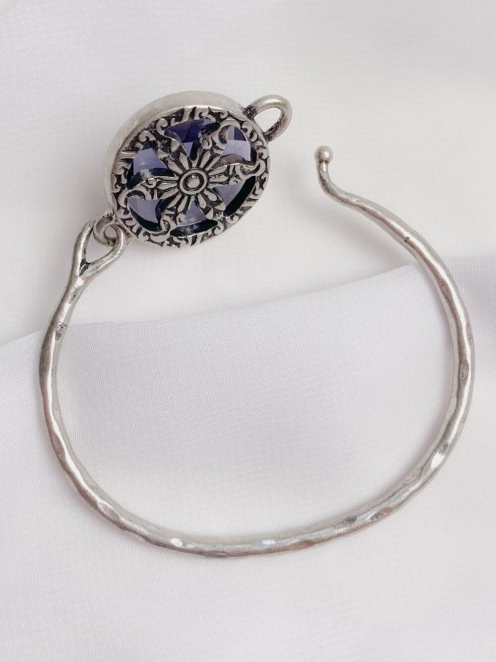 Lucky Brand Purple Crystal Flower Round Jewel Gem Boho Silver Bangle Bracelet - Picture 6 of 10